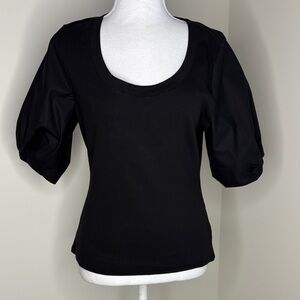 White House Black Market Black Ribbed Poplin Twist Puff Sleeve Top. Med